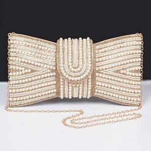 NWT Brand New Pearl Studs Metallic Bow Tie Clutch Handle Bag- GOLD